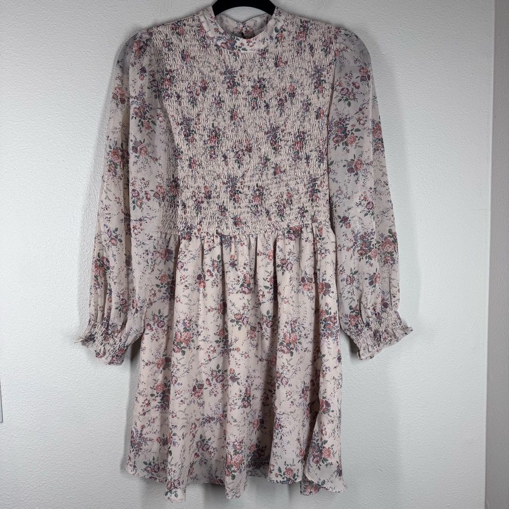 Storia Smocked Floral Mini Dress Long Sleeve Feminine Cottagecore Size Medium